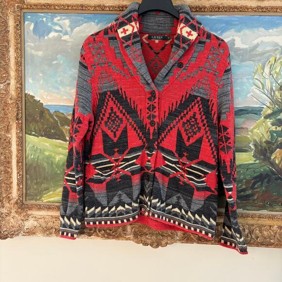 Lauren Ralph Lauren Red and Black Patterned Cardigan - Picture 12 of 14